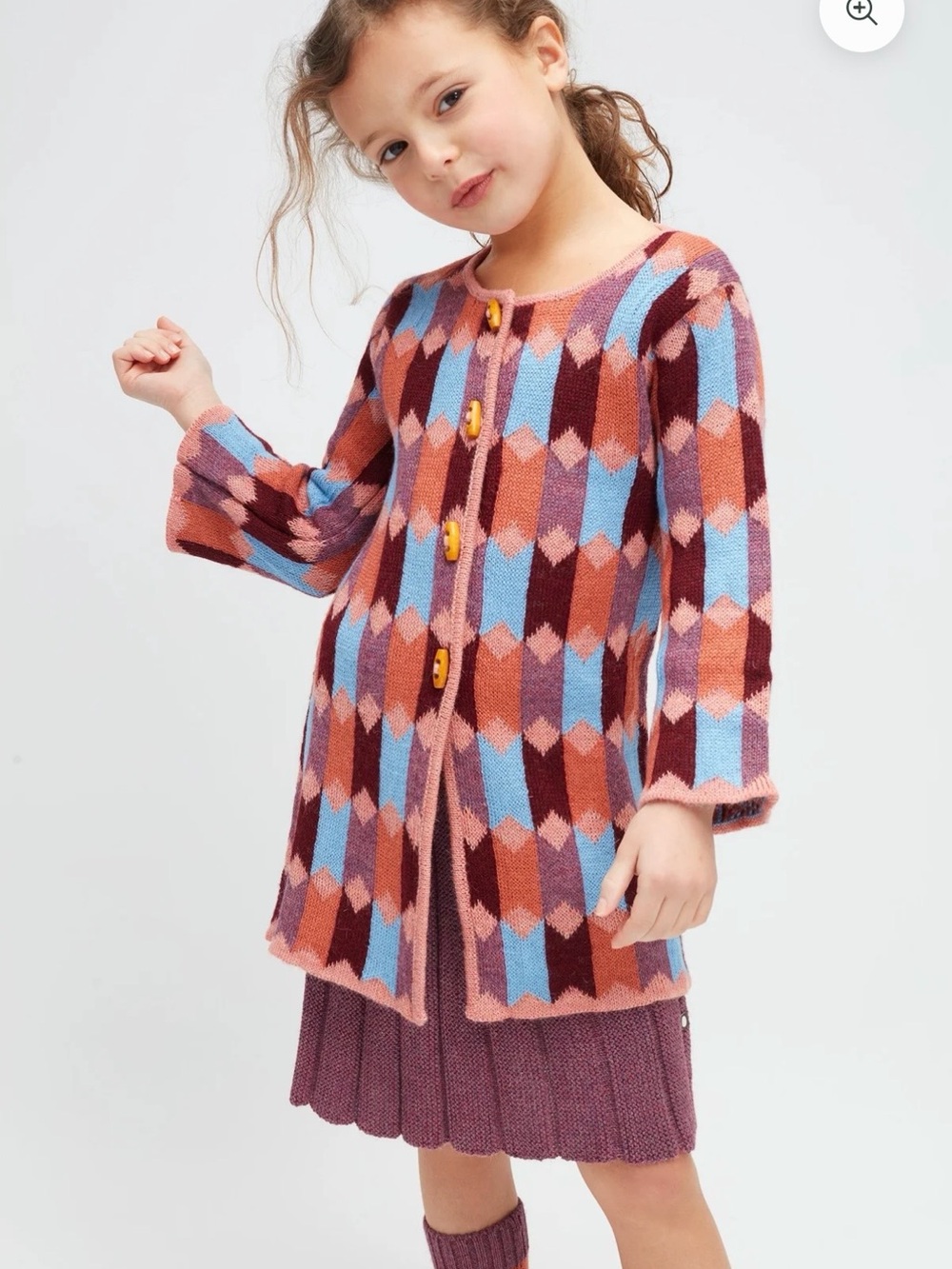 Oeuf Baby Alpaca Girls Multi-Color Geometric Knit Cardigan - Pink/Blue/Burgundy